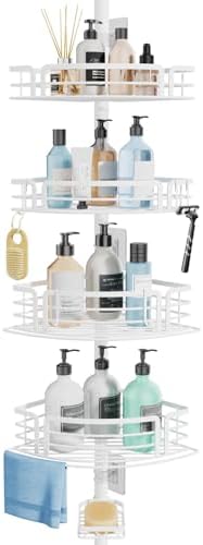 Consumest Corner Shower Caddy Tension Pole - Rustproof With Towel Bar And Soap Holder Adjustable White