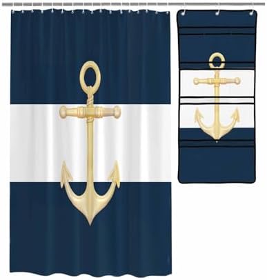 Gold Sea Anchor Blue and White Waterproof Shower Curtain with Mesh Organizer and 15 Hooks