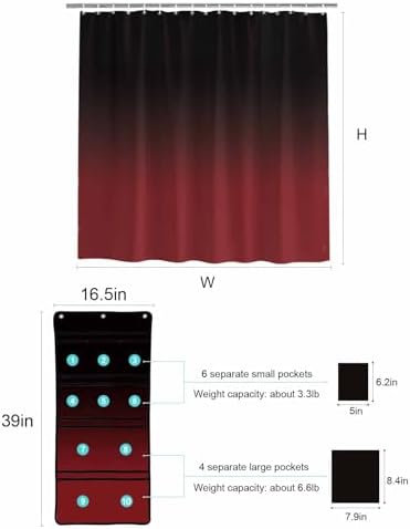 Black Red Gradient Shower Curtain with 10 Pockets Organizer Set