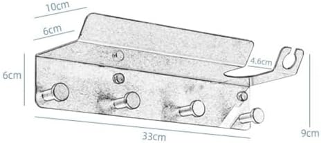 Brushed Stainless Steel Bathroom Rack with 4 Hooks and Hair Dryer Holder