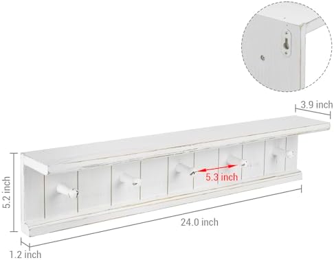 MyGift Wall Mounted 5 Hook Vintage White Wood Bathroom Shelf Towel Rack