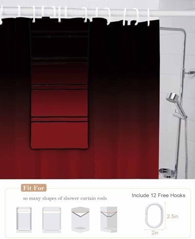 Black Red Gradient Shower Curtain with 10 Pockets Organizer Set