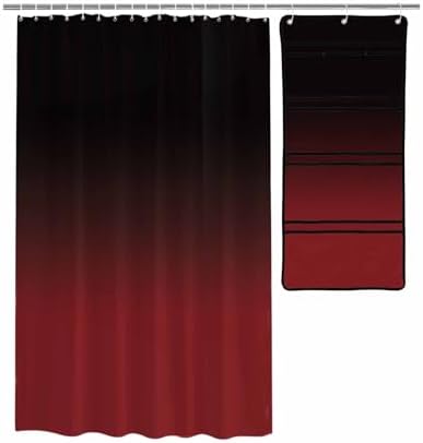 Black Red Gradient Shower Curtain with 10 Pockets Organizer Set