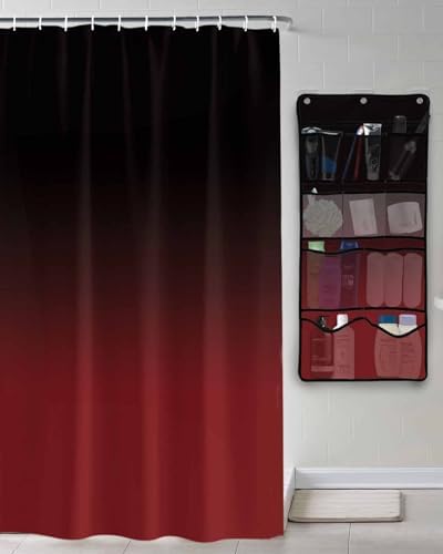 Black Red Gradient Shower Curtain with 10 Pockets Organizer Set