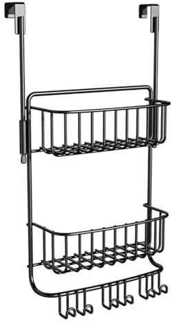 2-Tier Over Door Shower Caddy with 6 Hooks Rustproof Metal Storage for Toiletries No Drill Mount Black