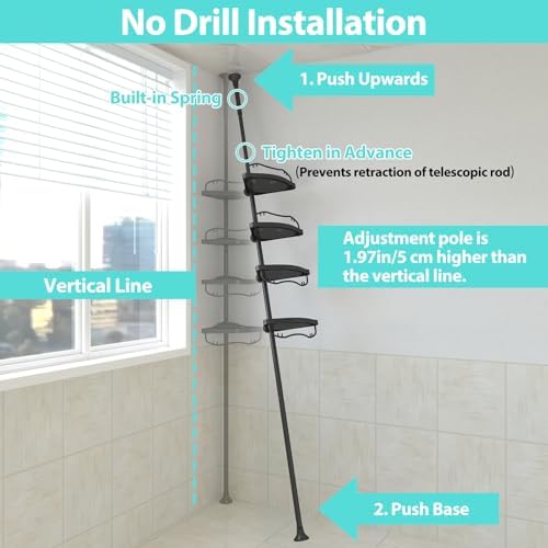 Adjustable Corner Shower Caddy with 4 Layers and Rustproof Metal Tension Pole Black