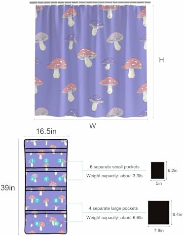 Pink Purple Dot Mushroom Waterproof Shower Curtain with Hooks and Organizer