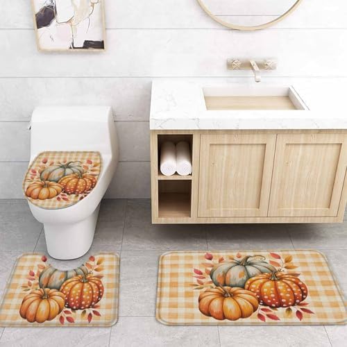 Orange Pumpkin Shower Curtain Set 4 Pcs with Non-Slip Rugs