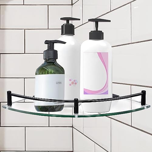 Bathroom Corner Shower Caddy with Tempered Glass and Stainless Steel Rail - Black