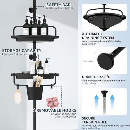 Corner Shower Caddy Tension Pole 5 Tier Black Organizer