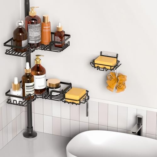 ZUNTO Shower Caddy Corner Tension Pole Organizer Adjustable 25in-114in 4 Tier Storage with 2 Soap Holders Black