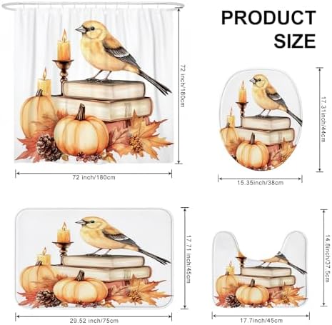 DESIHOM 4PCS Fall Goldfinch Bird Shower Curtain Set with Non-Slip Rug and Hooks