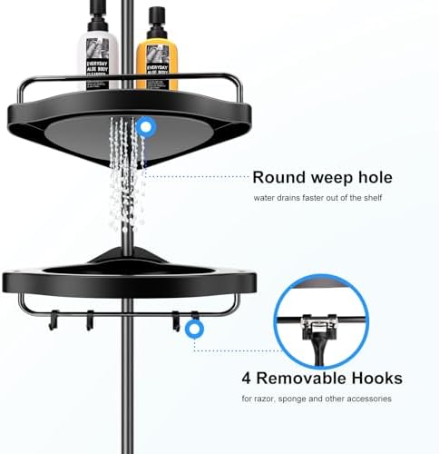 HAMITOR Corner Shower Caddy Tension Pole with 4 Tier Shelves Black