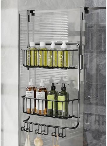 2-Tier Over Door Shower Caddy with 6 Hooks Rustproof Metal Storage for Toiletries No Drill Mount Black