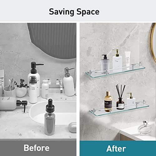 Glass Bathroom Shelves Tempered 6mm Floating Wall Shelves with 304 Stainless Steel Rail and Zinc Alloy Bracket 2 Pack