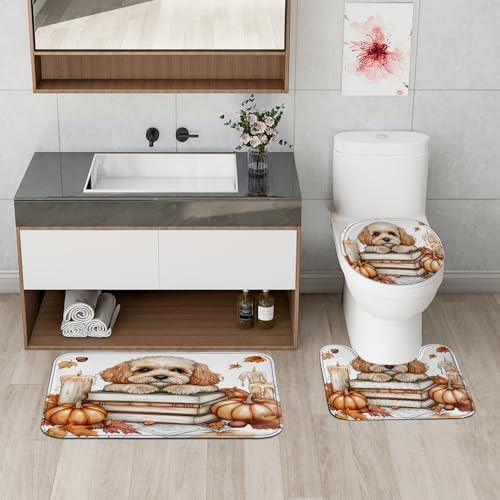 DESIHOM 4PCS Fall Cavachon Shower Curtain Set with Non-Slip Rug and Hooks