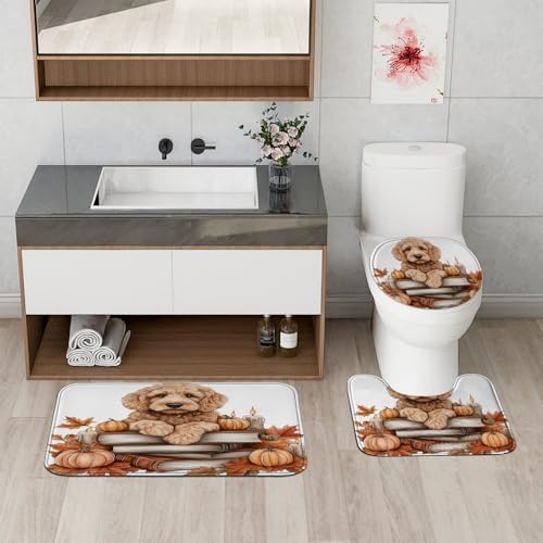 DESIHOM 4PCS Fall Golden Doodle Dog Shower Curtain Set with Non-Slip Rug and Toilet Lid Cover Mat