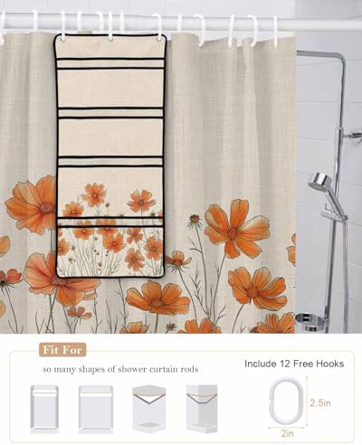 Watercolor Garden Orange Floral Shower Curtain Set with Hooks