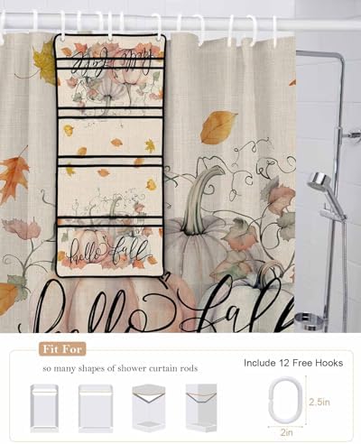 Retro Thanksgiving Pumpkin Shower Curtain with Mesh Organizer and Hooks