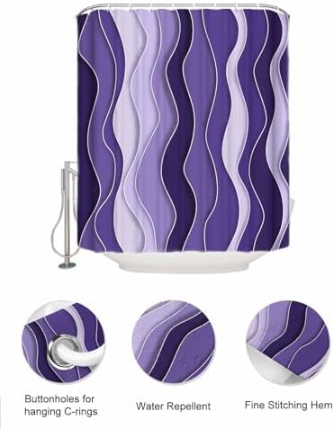 ZFUNCING Abstract Purple Gradient Ocean Waves Shower Curtain Set with Hooks and Organizer