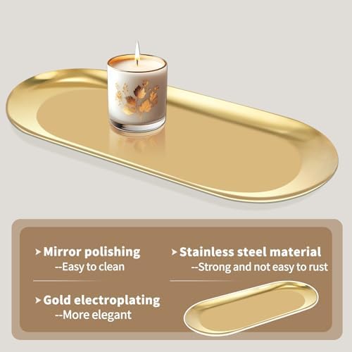 Wozoohyi Gold Decorative Tray 2 Pack Stainless Steel Vanity Tray for Bathroom Jewelry Storage
