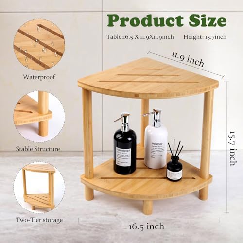 Bamboo Corner Shower Stool with Storage Shelf