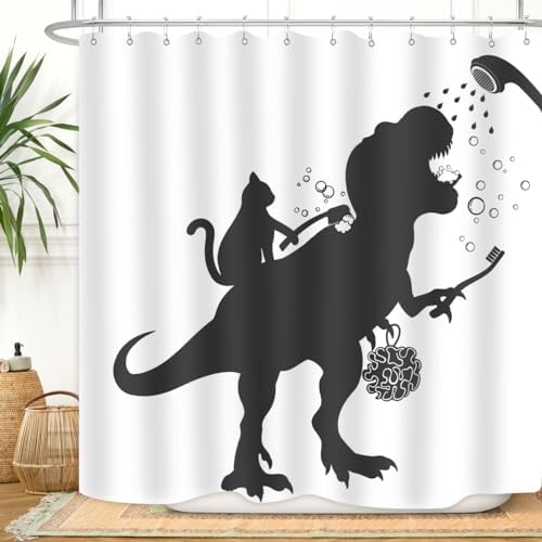 Funny Cat Dinosaur Shower Curtain Set with Hooks