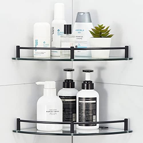 Bathroom Corner Shower Caddy with Tempered Glass and Stainless Steel Rail - Black