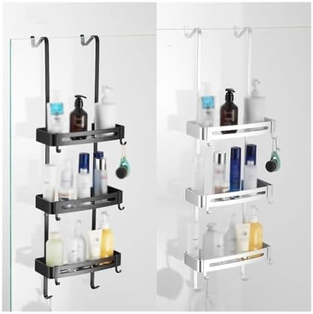 Black 3-Tier Shower Caddy with 8 Hooks and No Drilling Design