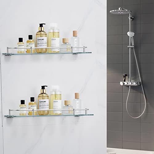 Glass Bathroom Shelves Tempered 6mm Floating Wall Shelves with 304 Stainless Steel Rail and Zinc Alloy Bracket 2 Pack