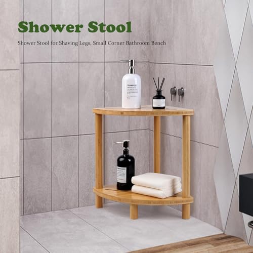 Bamboo Corner Shower Stool with Storage Shelf