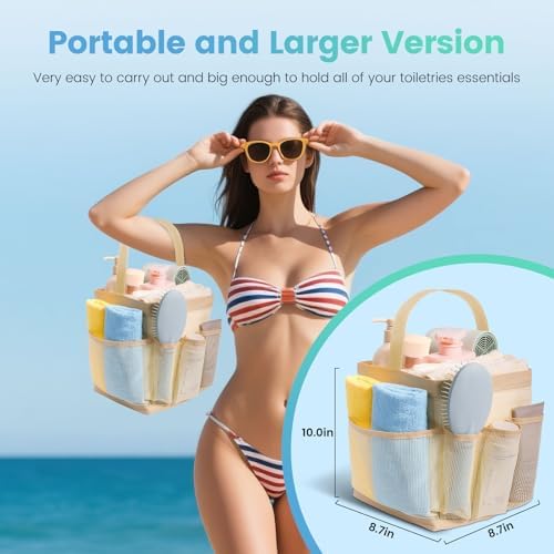 Mesh Shower Caddy with 9 Pockets for Dorm Room and Travel Essentials - Beige