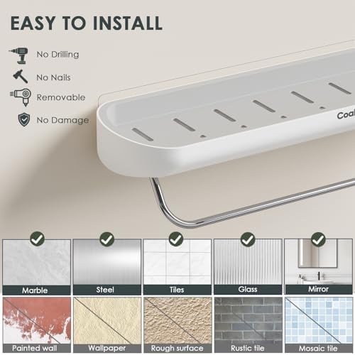 Modern Shower Shelf with Towel Bar - No Drilling