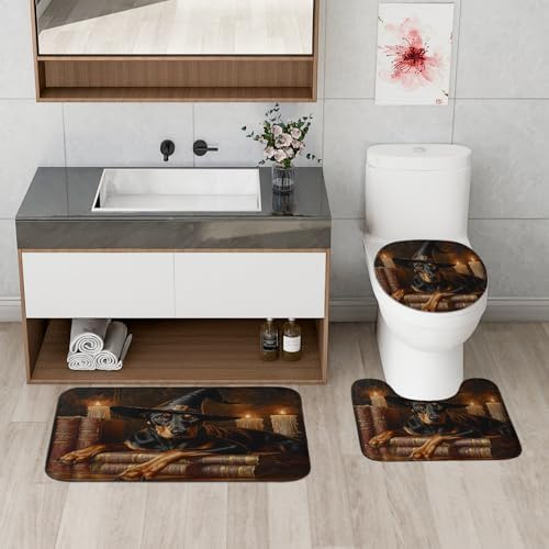 4PCS Halloween Witch Dog Bathroom Set with Non-Slip Rug and Magic Book Candle Decor