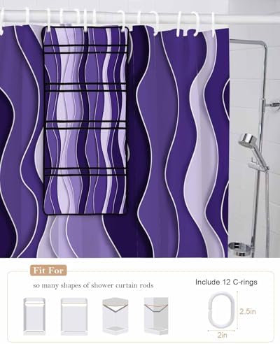 ZFUNCING Abstract Purple Gradient Ocean Waves Shower Curtain Set with Hooks and Organizer