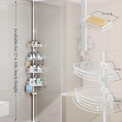 Consumest Corner Shower Caddy Tension Pole - Rustproof With Towel Bar And Soap Holder Adjustable White