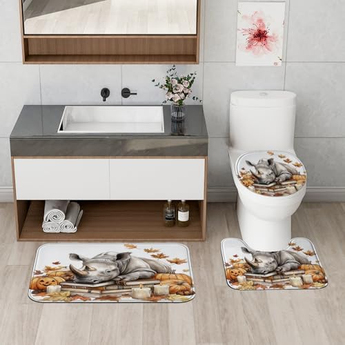 DESIHOM 4PCS Fall Rhinos Pumpkins Shower Curtain Set with Non-Slip Rug and Toilet Lid Cover Mat