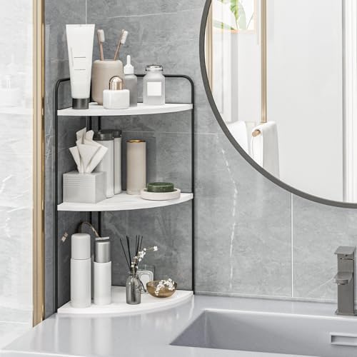 Bathroom Counter Organizer with Corner Shelves Black White Marble