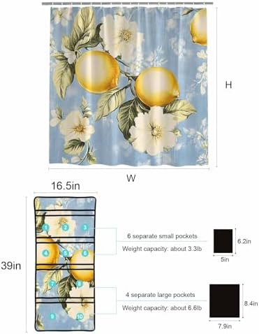 Watercolor Lemon Flower Leaf Shower Curtain Set with 10 Pockets