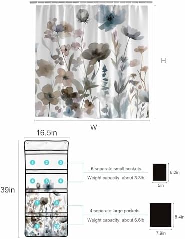 Watercolor Botanical Flower Shower Curtain with 10 Pocket Organizer and Hooks