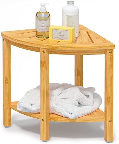Bamboo Corner Shower Bench with Storage Shelf