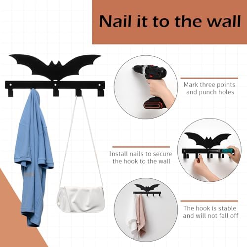 Gothic Bat Wall Decor Towel Rack with 5 Hooks