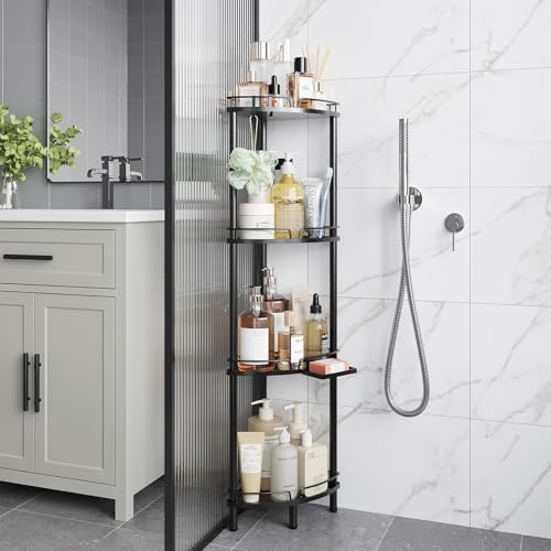 ELYKEN 4 Tier Corner Shower Caddy with Hooks and Soap Holder Black