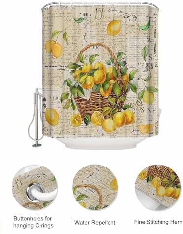 Yellow Lemon Green Leaf Shower Curtain Organizer Set with Hooks