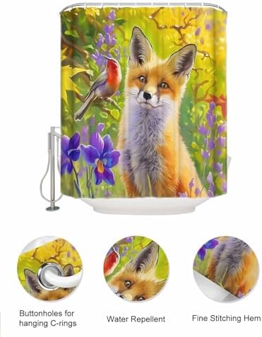 Funny Flower Blossom Fox Waterproof Shower Curtain with 10 Pockets Organizer