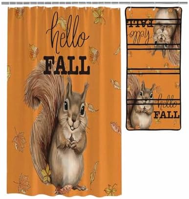 Autumn Squirrel Shower Curtain Set with 10 Pockets and Hooks