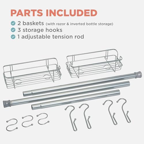 Zenna Home Adjustable Shower Caddy with 2 Baskets and 3 Hooks Silver