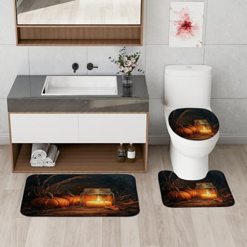 DESIHOM 4PCS Fall Candle Shower Curtain Set with Non-Slip Rug and Toilet Lid Cover Mat