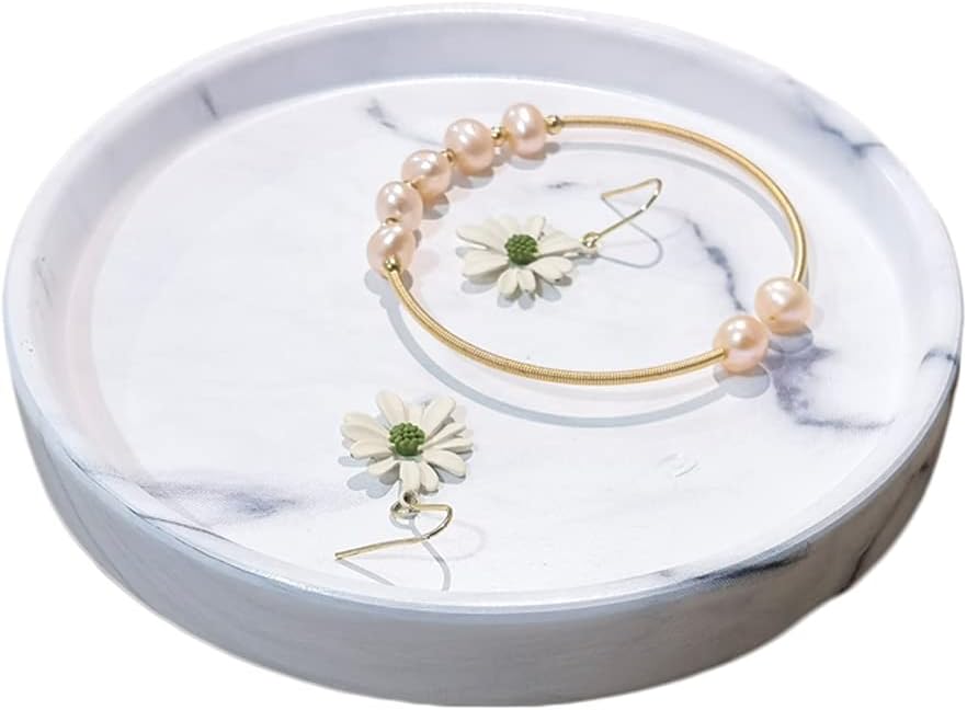 Elegant Marbled Round Jewelry Dish Key Holder White Ceramic Vanity Tray for Bathroom Organizer
