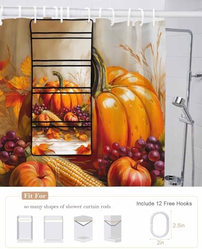 QueenKer Shower Curtain Set with Mesh Organizer Fall Harvest 66x72 Hanging Caddy
